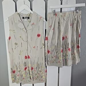 Modiano Floral Vest Shirt and Short Set Medium 10 Brown VTG Cottage Resort 90s